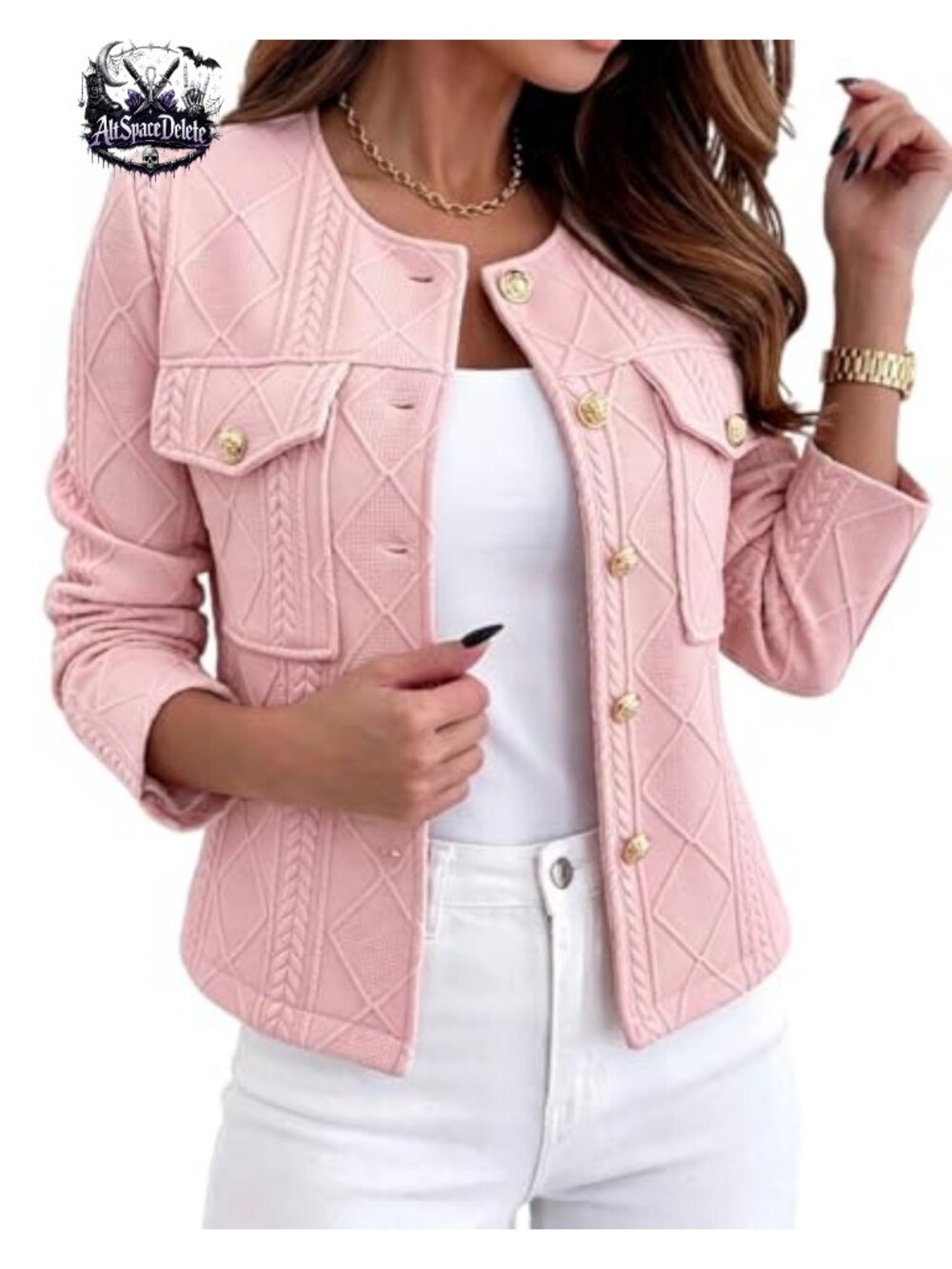 Cropped Argyle Cable Knit Jacket Lightweight Gold-Tone Button Women's